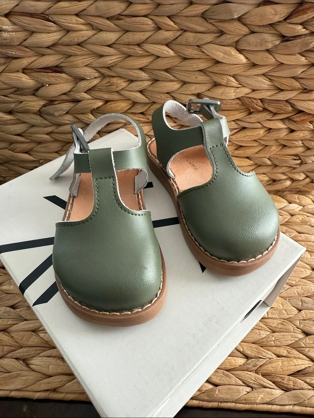 Freshly Picked Newport Sandals Kids Olive Green Leather T-Strap Sandals